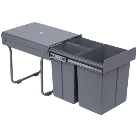 Poubelle encastrable 40L sous évier 3 bacs coulissante cuisine meuble gris design moderne pratique