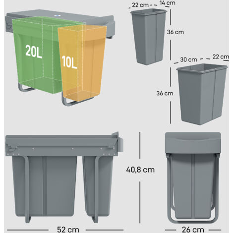 Poubelle extensible, conteneur à déchets de cuisine avec 2 seaux amovibles, poignée, 30 litres (20 L + 10 L), métal, gris