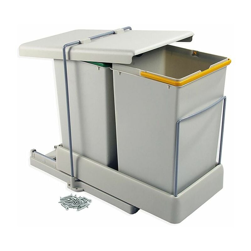 Poubelle de recyclage Emuca 8077221, fixation inférieure, extraction et couvercle automatique, 2 grands conteneurs de 14 litres, plastique gris