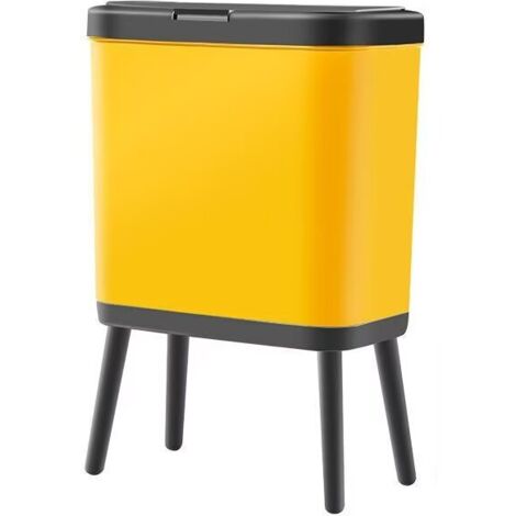 Poubelle haut pied grande capacité,15L, couvercle poussoir, design élégant, assemblage facile,Jaune
