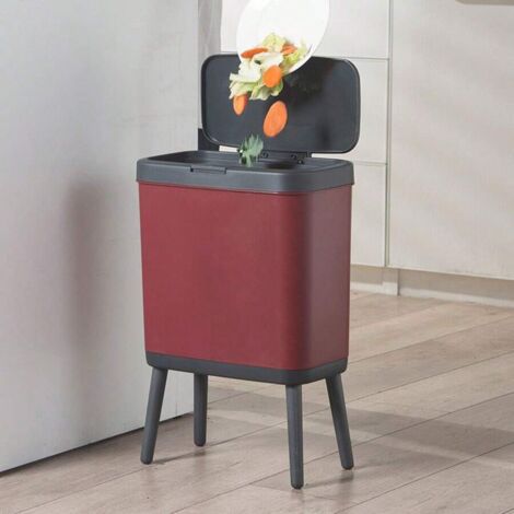 Poubelle haut pied grande capacité,15L, couvercle poussoir, design élégant, assemblage facile,(rouge)