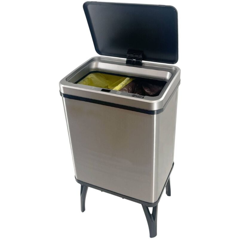 Well home - Poubelle de Recyclage Intelligente à Ouverture Automatique et Contact Manuel 15L+15L 35,5x26x60cm Couleur Gris