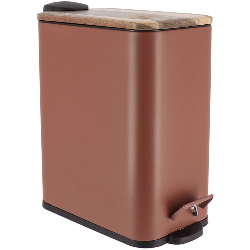 Poubelle metal rectangulaire 5l frein de chute couvercle acacia pedale metal- ambre - Tendance