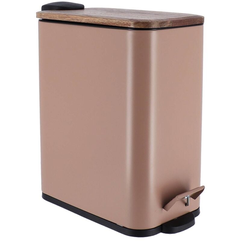Poubelle metal rectangulaire 5l frein de chute couvercle en acacia pedale metal- caramel Tendance
