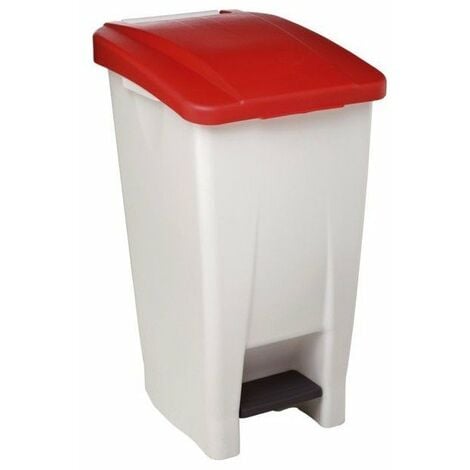 Poubelle mobile a pedale plastique 60 l blanc couvercle rouge