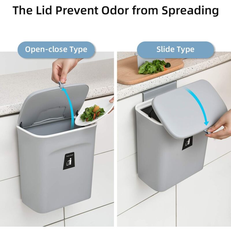 Poubelle murale à couvercle coulissant Large 29.5×16×26cm Cuisine Salle de bain Plastique Gris