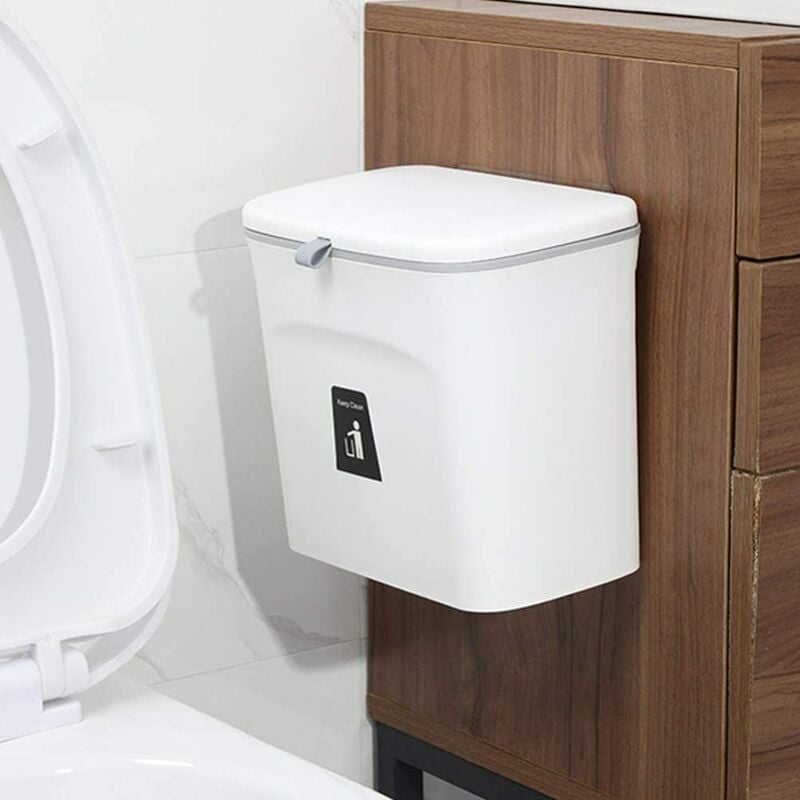 Skecten - Poubelle pour cuisine 9 l poubelle de comptoir ou sous l'évier, poubelle à suspendre avec couvercle pour salle de bain/chambre(blanc)