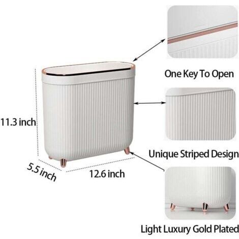 Poubelle rectangulaire fine avec un couvercle étroit, adaptée aux salles de bains, cuisines et salons. Blanche.