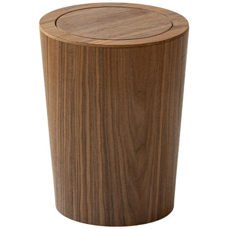 Poubelle ronde moderne en bois massif noyer avec couvercle, 19,5x24x30 cm, style ferme loft pour salon, bureau et salle de bain
