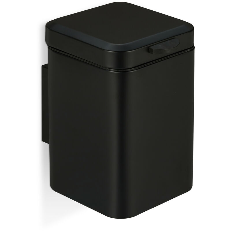 Poubelle salle de bain, montage mural, 3 l, mécanisme fermeture, seau intérieur amovible, acier, noire - Relaxdays