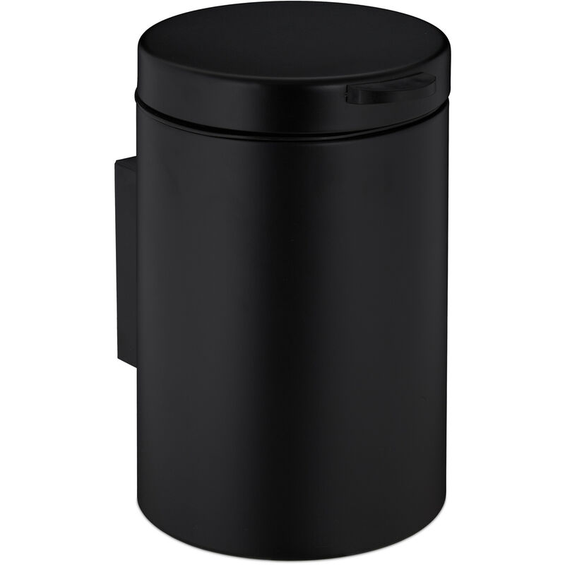 Poubelle salle de bain, ronde, métal, montage mural, 5 litres, seau intérieur, mécanisme fermeture, noire - Relaxdays