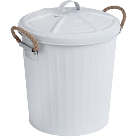 Poubelle salle de bain WENKO Gara 6l blanche métal rétro design petite poubelle salle de bain cosmétique en métal avec abnehmbaren Deckel und geflochtenen Henkeln für Badezimmer und Büro 24x28,5x23cm