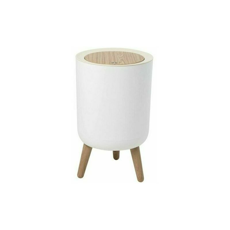 Poubelle Salle Bain 7L,Poubelle avec Couvercle à Pousser,Poubelle Blanche,Poubelle Tripode en Bois,Poubelle en Plastique pour Cuisine,Salle de