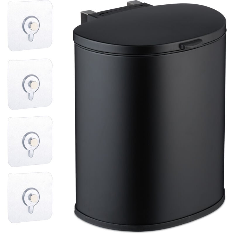 Poubelle suspendue, 9 litres, mécanisme de fermeture, seau amovible, montage mural, noire - Relaxdays