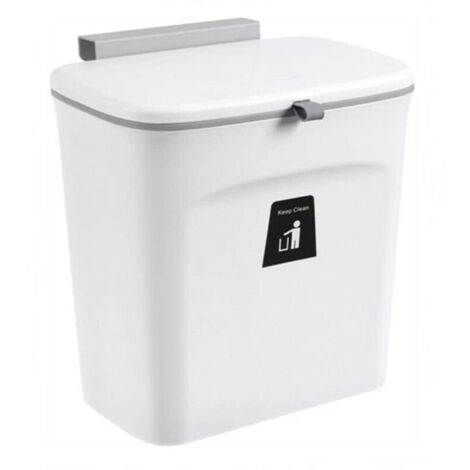 Poubelle Suspendue 9L de Cuisine, Petite Poubelle avec Couvercle et Grattoir pour Portes d'armoires Chambre Bureau Salle de Bain Dortoir à Domicile Blanc