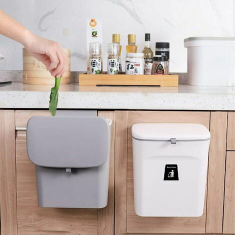 Poubelle suspendue avec couvercle pour porte d'armoire de cuisine ou sous évier, comptoir de bac à compost de cuisine, poubelle montable, gris