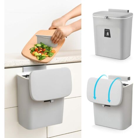 Poubelle suspendue pour porte de placard de cuisine, grise avec couvercle, petite poubelle