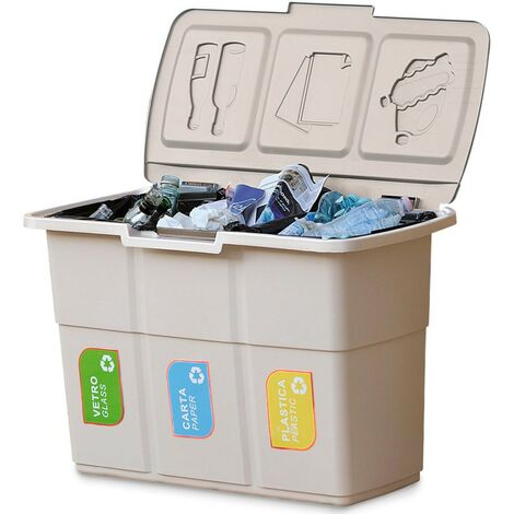 Poubelle tri sélectif 3 compartiments 25L – Dimensions 75 x 37 x H50 cm – Couvercle unique pour recyclage efficace – Couleur gris – Toomax