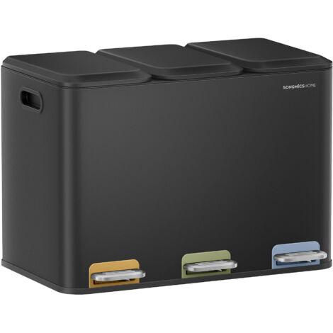 Poubelle Triple de Cuisine, Poubelle Recyclage 3 x 15 L avec Pédales Couleur, Système de Séparation Déchets, avec Couvercles et Seaux Intérieurs, Acier, Noir