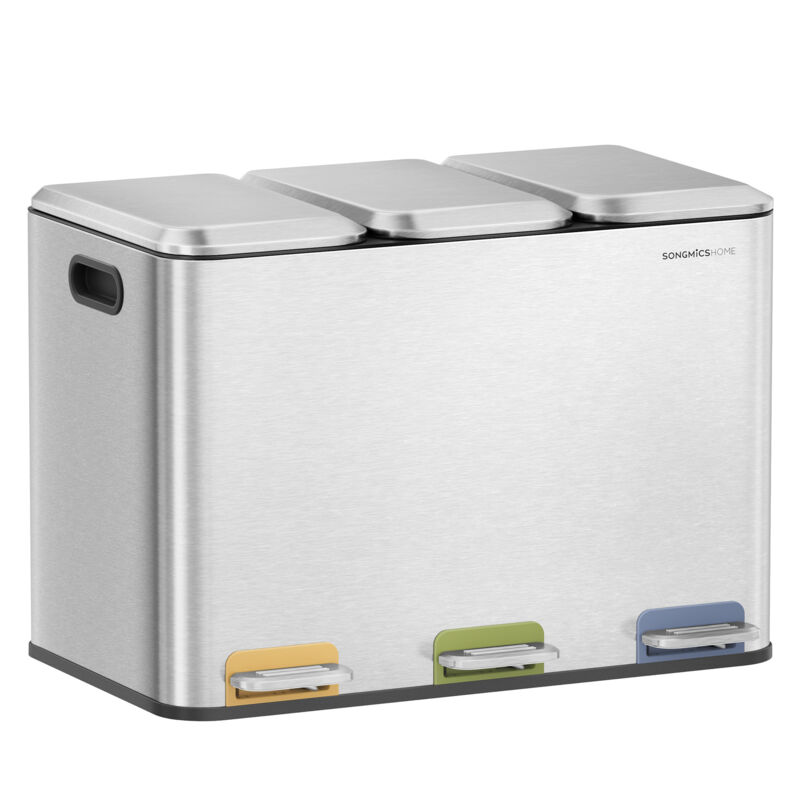 Songmics Home - Poubelle Triple de Cuisine, Poubelle Recyclage 3 x 15 l avec Pédales Couleur, Système de Séparation Déchets, avec Couvercles et Seaux