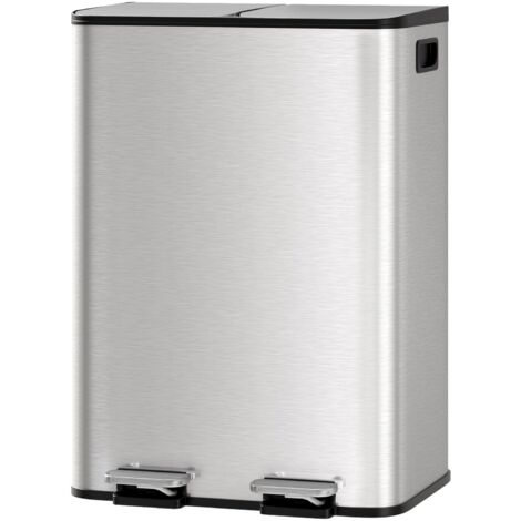 Poubellecuisine 2 Compartiments MéTal Avec 2péDales IndéPendantes Couvercle Fermeture Douce Recyclage DéChets Organiques Seaux IntéRieurs Amovibles (Couleur Acier Inoxydable, 2 X 30 L)