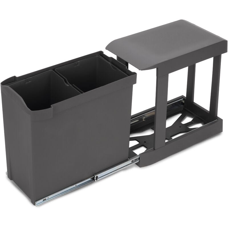 Poubelles de recyclage pour la cuisine, 2 x 14L, fixation inférieure et extraction automatique, Acier et Plastique, Gris antracite - Emuca