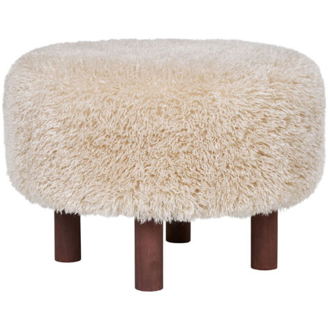 Pouf 50x33 cm effet fourrure beige et pieds en pin marron