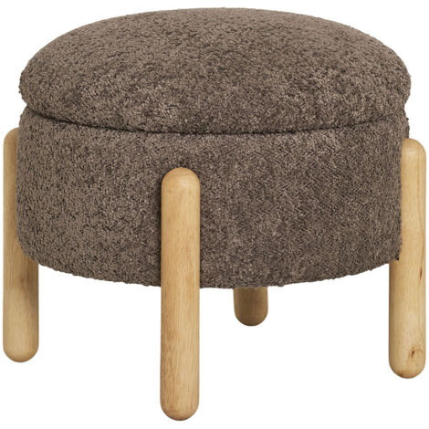 Pouf avec coffre 45x36 cm effet laine bouclée marron et pieds naturel