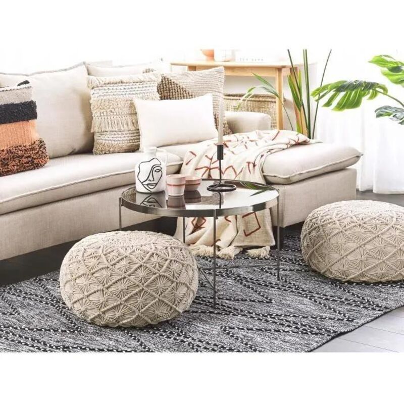 Beliani - Pouf Beige Baumwolle ⌀ 50 Cm Rund Geflochten Makramee Strickhocker Strickpouf Boho Für Wohnzimmer Kinderzimmer Schlafzimmer Deko Haushalt