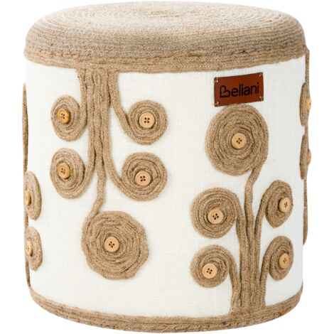 Pouf Beige u. Weiß aus Jute ⌀ 40 cm Rund mit EPS-Füllung Muster Geflochten Boho Stil Hocker Wohnaccessoires für Wohnzimmer Schlafzimmer Flur