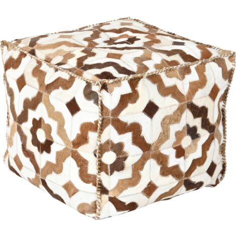 Pouf bicolore chic en cuir et polyester pour salon - Marron et blanc à motif géométrique