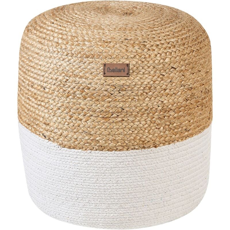 Pouf de Forme Cylindrique en Jute Beige et en Tissu Coton Blanc de 48 cm de Hauteur avec Rembourrage en Billes de Polystyrène Beliani