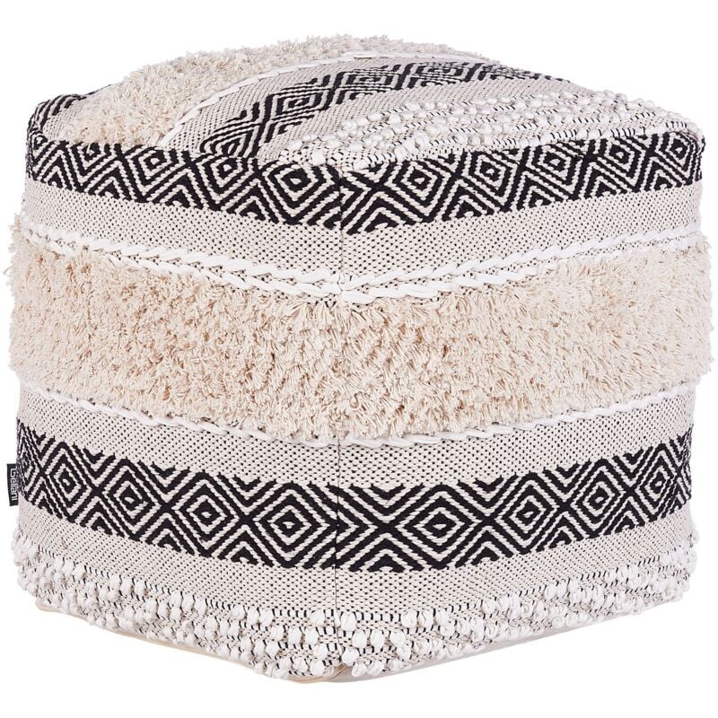 Pouf de Forme Cubique 50 x 50 cm au Style Bohème en Tissu Coton Blanc Noir et Beige avec Motifs Abstraits Beliani