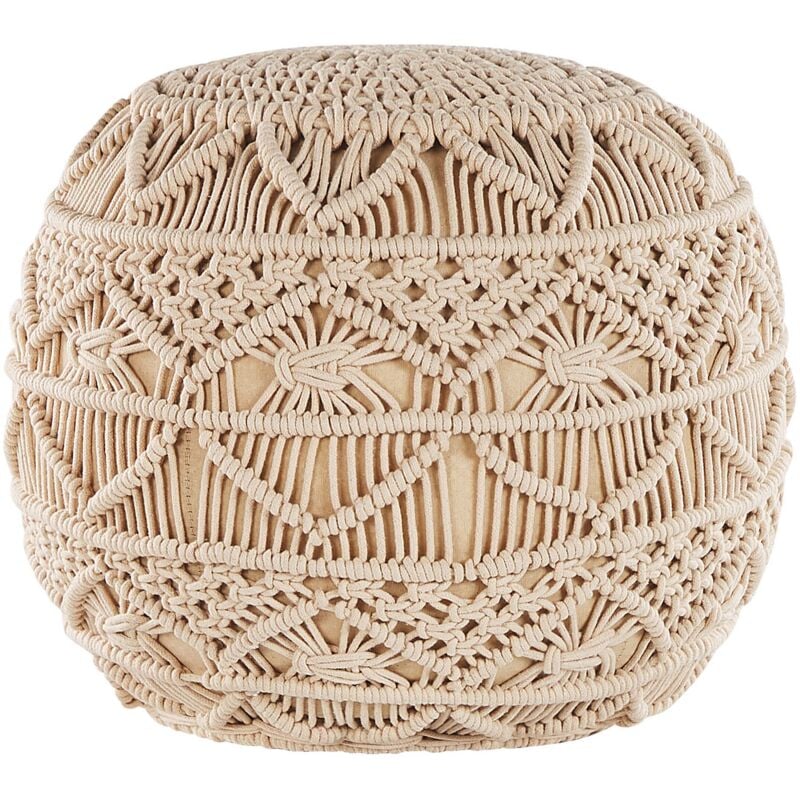 Pouf rond de 40 cm de Diamètre en Tissu Coton Beige avec Rembourrage en Billes de Polystyrène pour Salon Bohème et Moderne Beliani
