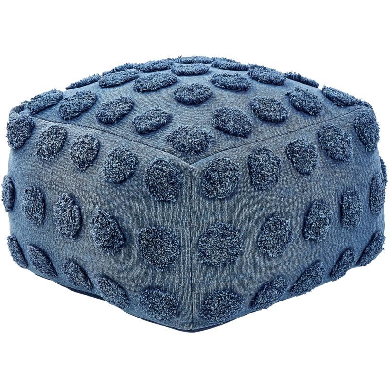 Pouf Boho Carré Texturé Bleu en Coton Motif à Pois 50 x 50 x 35 cm Moelleux Vishvi