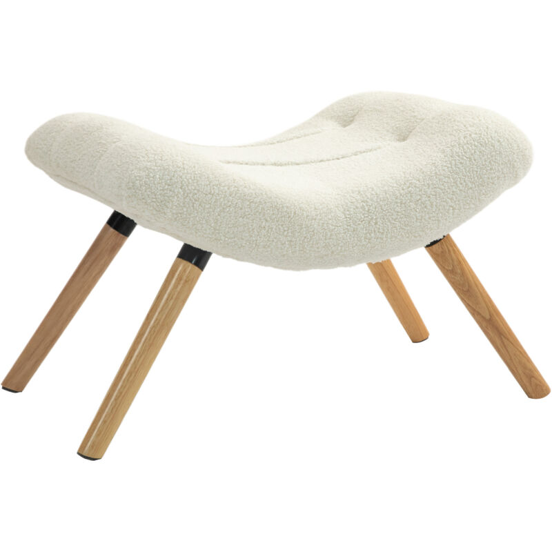 Pouf bouclette design scandinave - repose-pieds - piètement incliné bois assise courbée effet laine bouclée
