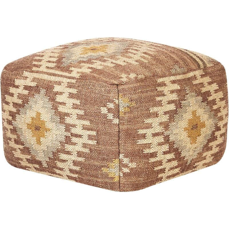 Pouf Carré avec Motif Géométrique Tissé en Jute et Laine Multicolore Beel