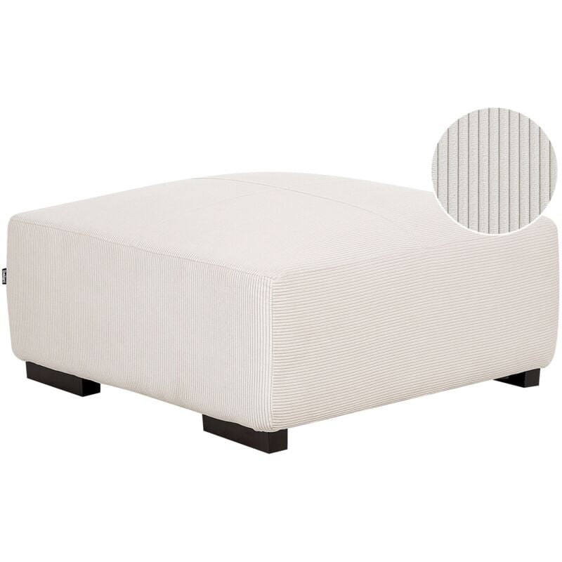 Pouf Carré en Velours Côtelé Blanc Cassé Type Ottoman à Pieds en Bois d'Eucalyptus Rembourré Lungo