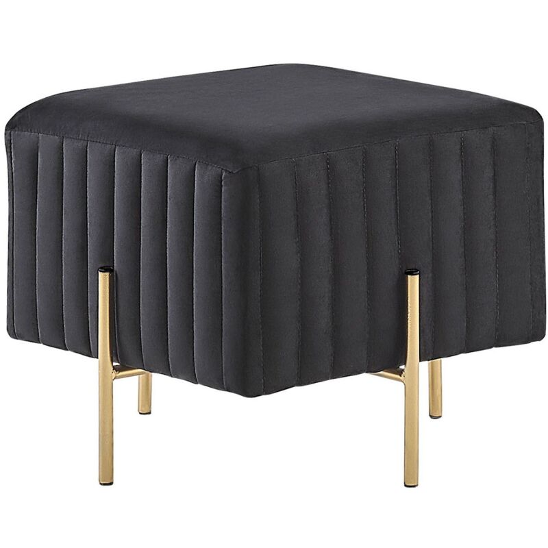 Pouf Capitonné Glamour avec Pieds Métal Dorés en Velours Noir Dayton
