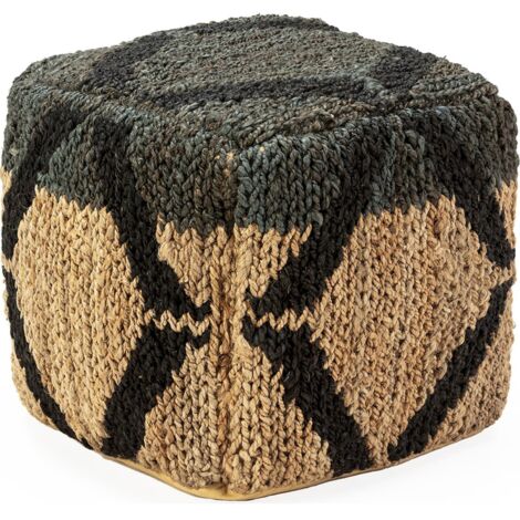 Pouf carré naturel noir en shumak style ethnique élégant - naturel tressé beige et noir