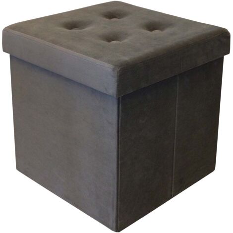Pouf coffre carré en velours synthétique capitonné Gris anthracite