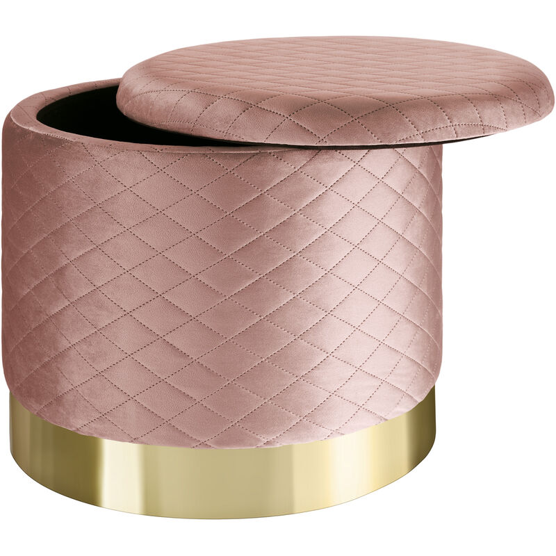 banc tabouret coffre de rangement rond aspect velours avec motif matelassé - rose