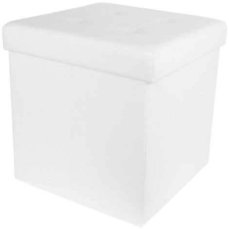 Pouf Coffre Pliable Carré Simili Cuir Blanc Capitonné