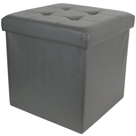 Pouf Coffre Pliable Carré Simili Cuir Gris Capitonné