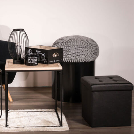 Pouf coffre pliant 38 cm en PU noir