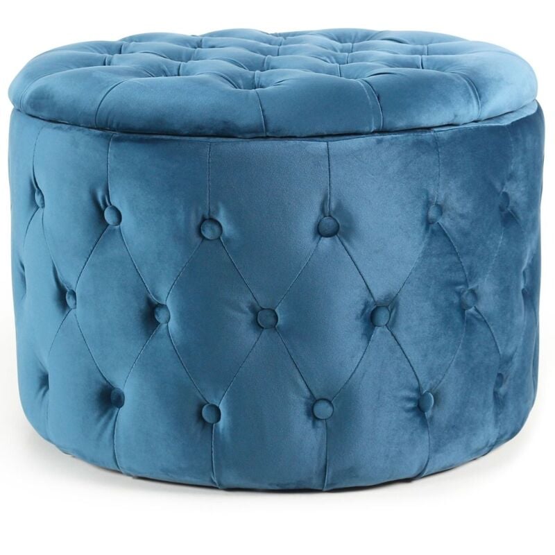 Pouf coffre rond Salvina en velours capitonné Bleu