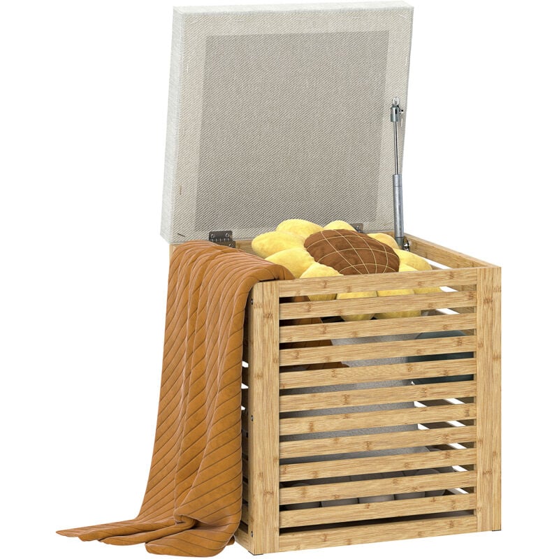 Pouf coffre style cosy chic - lattes bambou verni - coussin toucher lin gris clair