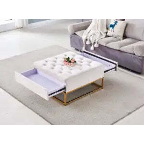 Pouf Coffre TIROIRS Carré Plateau Velours Capitonné Beige 80x80x43cm 2 Tiroirs