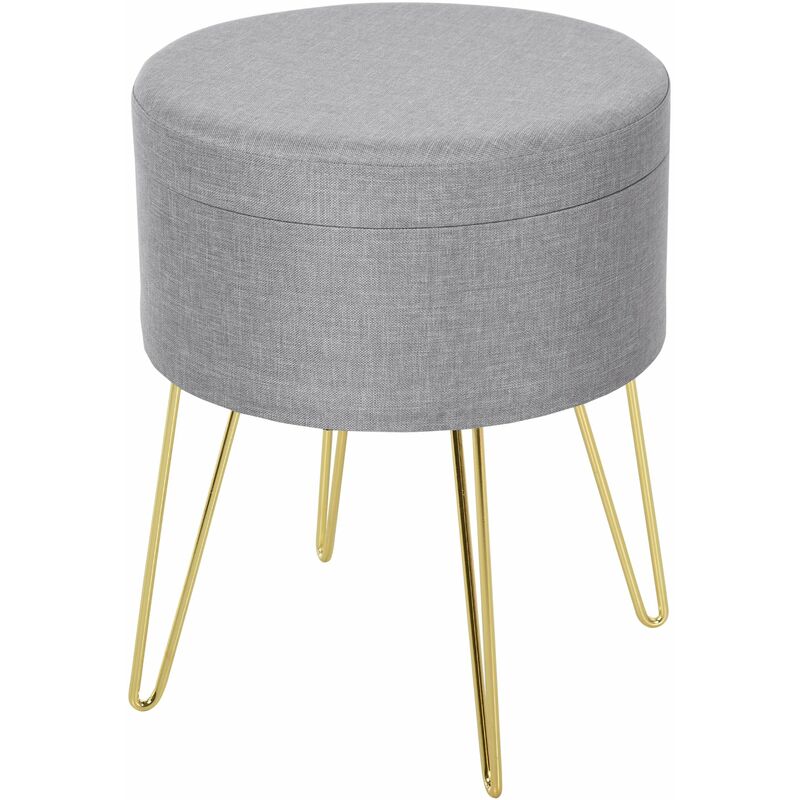 Pouf Contenitore 2 in 1 36x36x45 cm in Metallo Oro e Tessuto Grigio