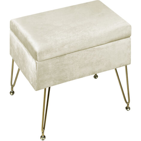 Pouf Contenitore Poggiapiedi Velluto Con Struttura Circolare Cromata Oro Elegante Imbottito Sgabello Per Toeletta Mobile Trucco Ottomano Ingresso Camera Da Letto Soggiorno Salotto Rotondo Beige